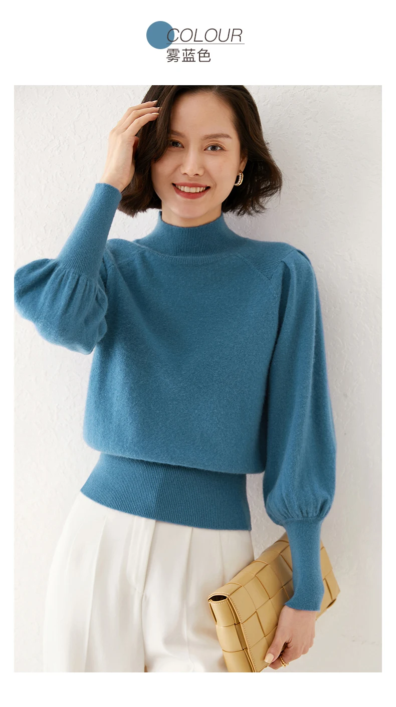 New 100% Merino Wool Sweater for Women Mock Collar Puff Sleeve Pullover Casual Knitted Top Female Autumn Winter Cashmere Warm