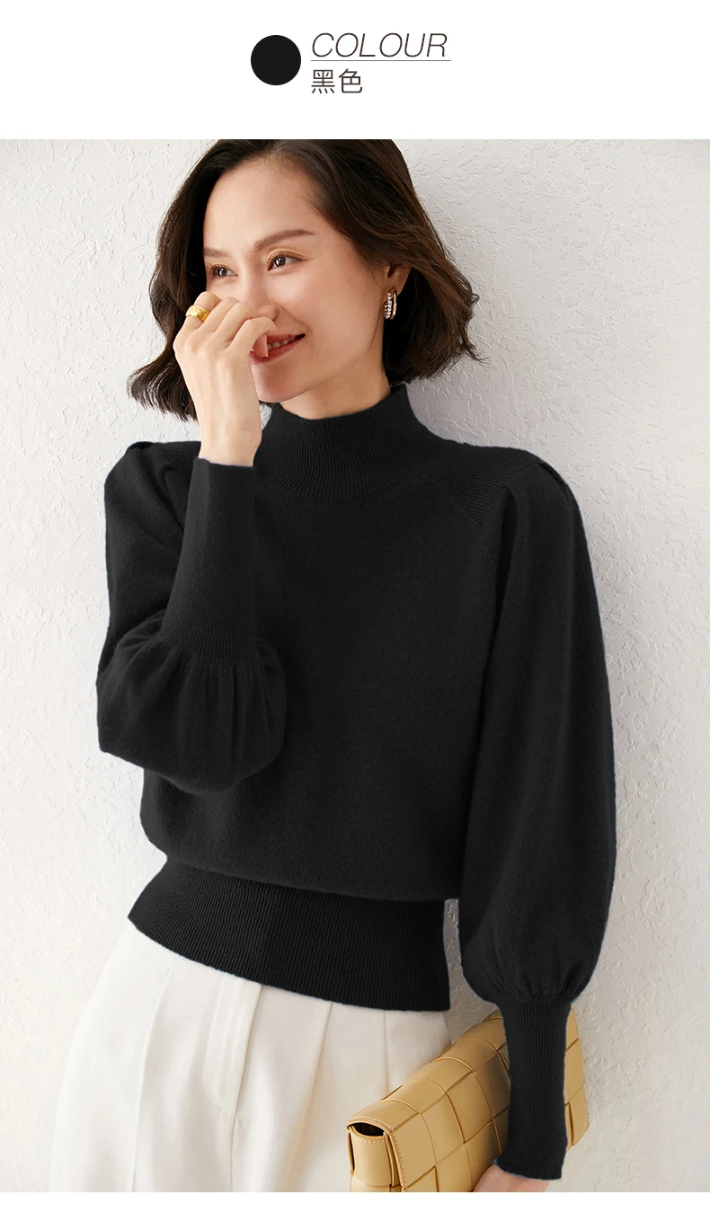New 100% Merino Wool Sweater for Women Mock Collar Puff Sleeve Pullover Casual Knitted Top Female Autumn Winter Cashmere Warm
