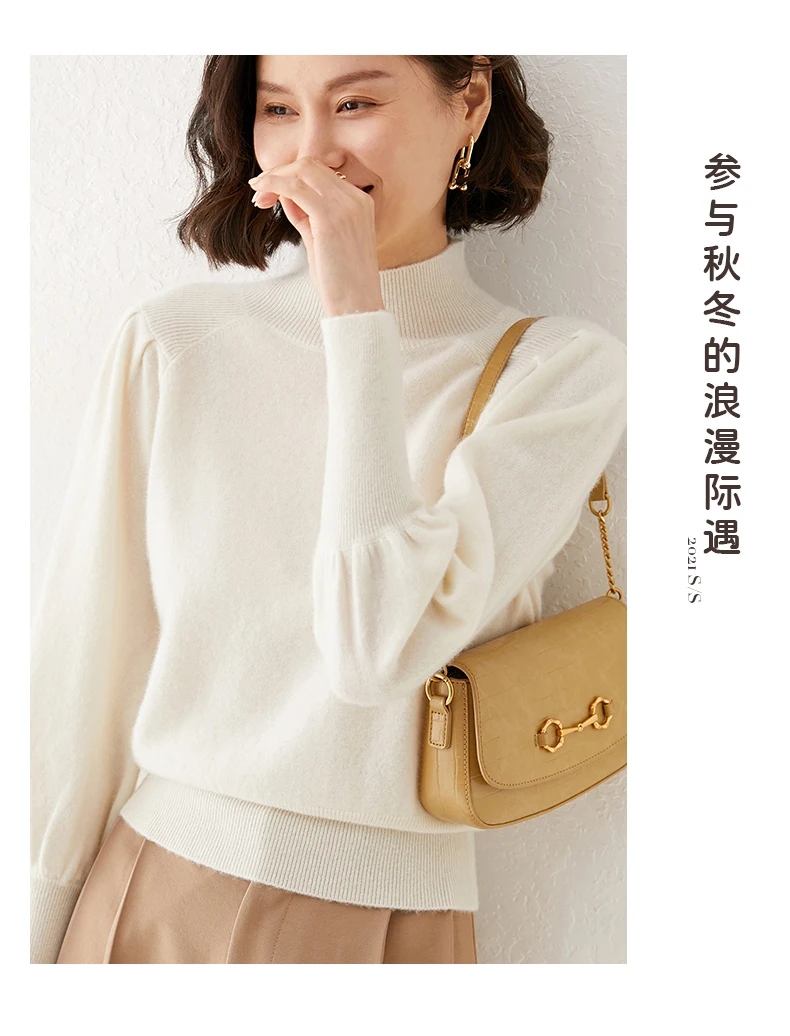 New 100% Merino Wool Sweater for Women Mock Collar Puff Sleeve Pullover Casual Knitted Top Female Autumn Winter Cashmere Warm