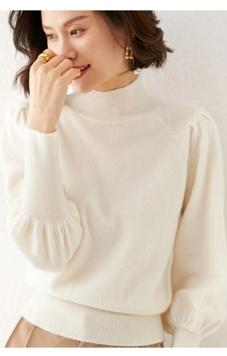New 100% Merino Wool Sweater for Women Mock Collar Puff Sleeve Pullover Casual Knitted Top Female Autumn Winter Cashmere Warm