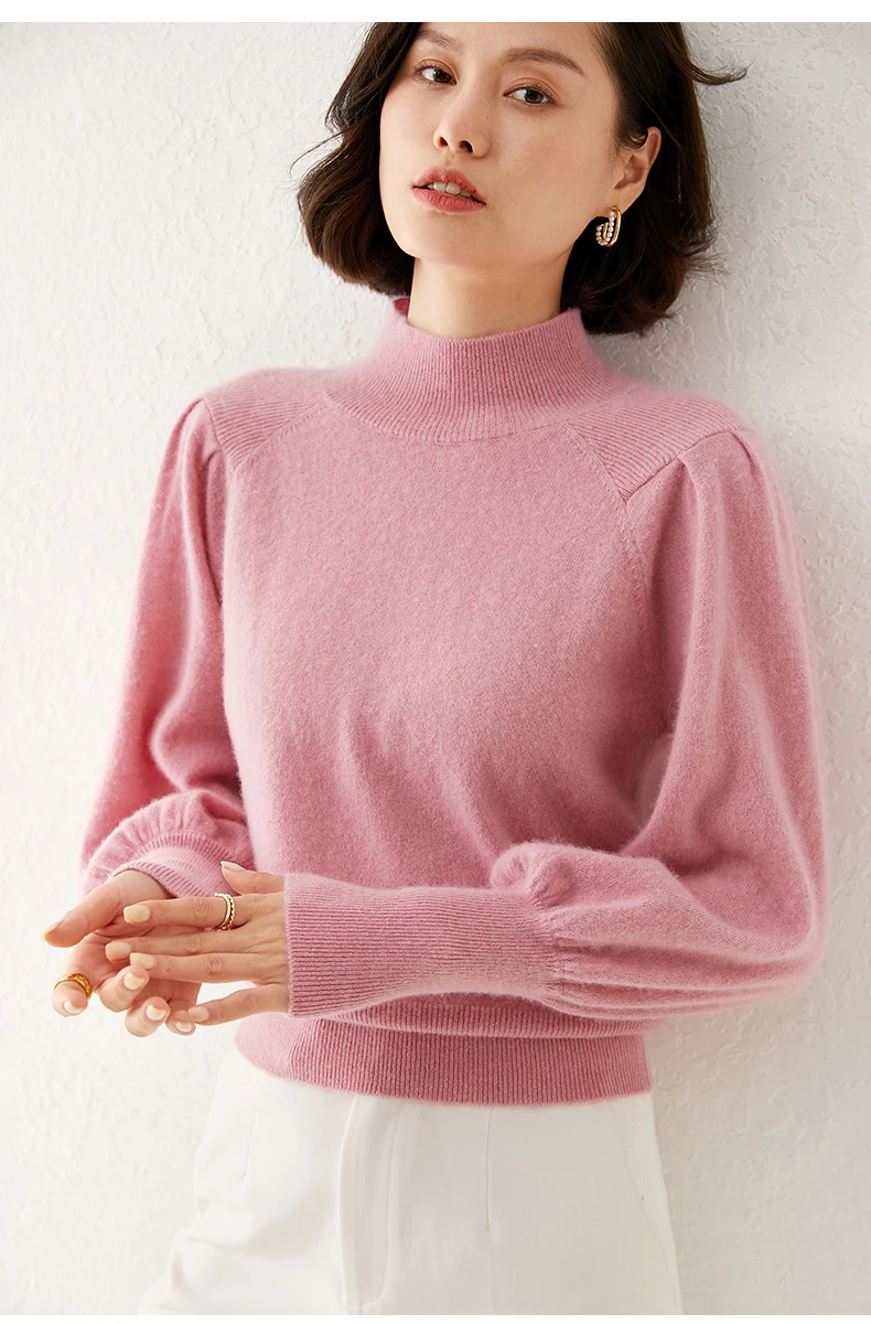 New 100% Merino Wool Sweater for Women Mock Collar Puff Sleeve Pullover Casual Knitted Top Female Autumn Winter Cashmere Warm