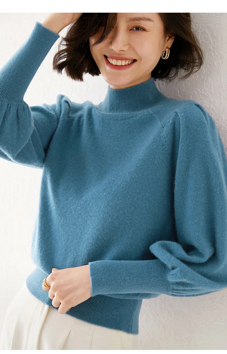 New 100% Merino Wool Sweater for Women Mock Collar Puff Sleeve Pullover Casual Knitted Top Female Autumn Winter Cashmere Warm
