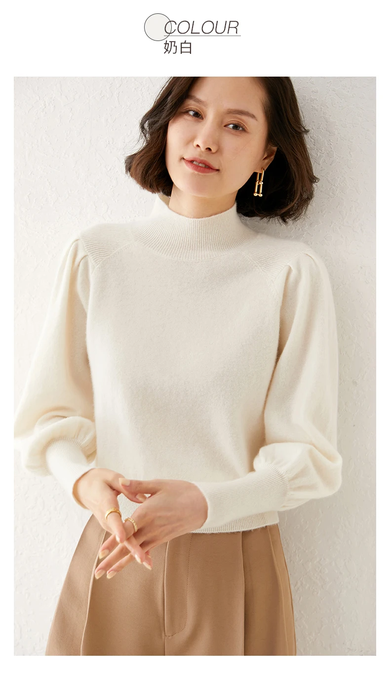 New 100% Merino Wool Sweater for Women Mock Collar Puff Sleeve Pullover Casual Knitted Top Female Autumn Winter Cashmere Warm