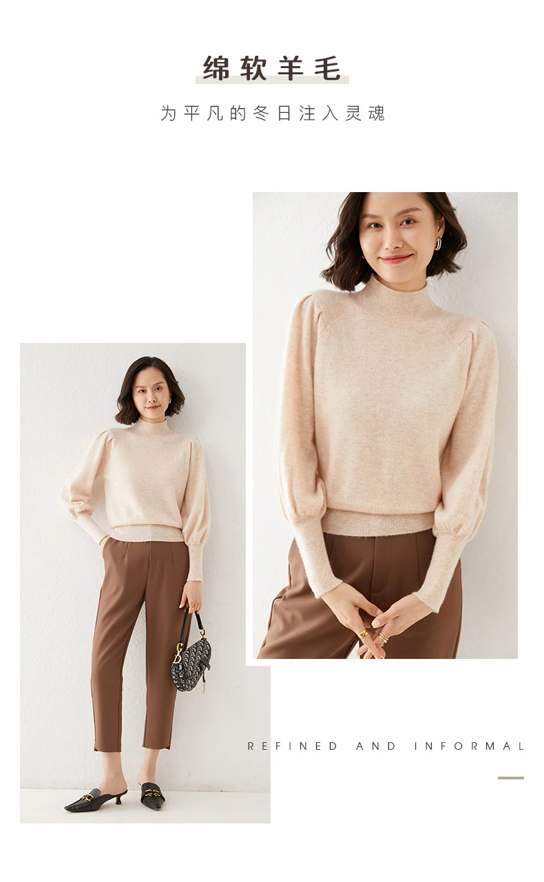New 100% Merino Wool Sweater for Women Mock Collar Puff Sleeve Pullover Casual Knitted Top Female Autumn Winter Cashmere Warm