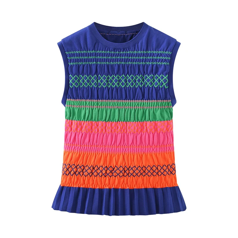 KEYANKETIAN 2025 New Women's Honeycomb Sleeveless Knitted Top Vest Sweet style Tiered O-Neck Sheath Pullover Striped Camisole
