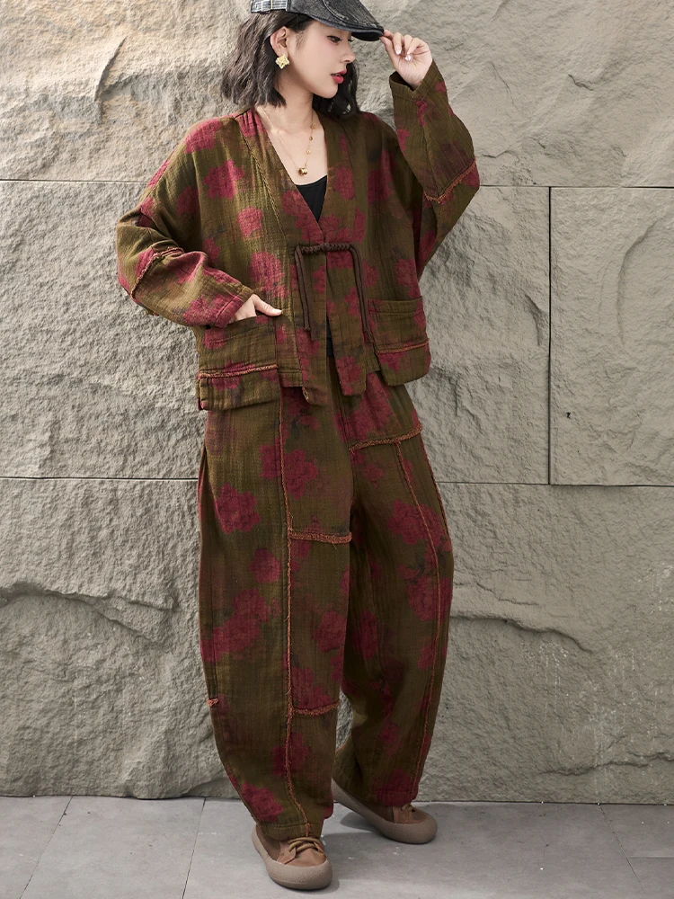 Amax LuluE 2026 Fall Chinese Women Vintage Printed Jacket Suits Casual Two Pieces Sets Classic Coats Loose Pants Fitness Outfits