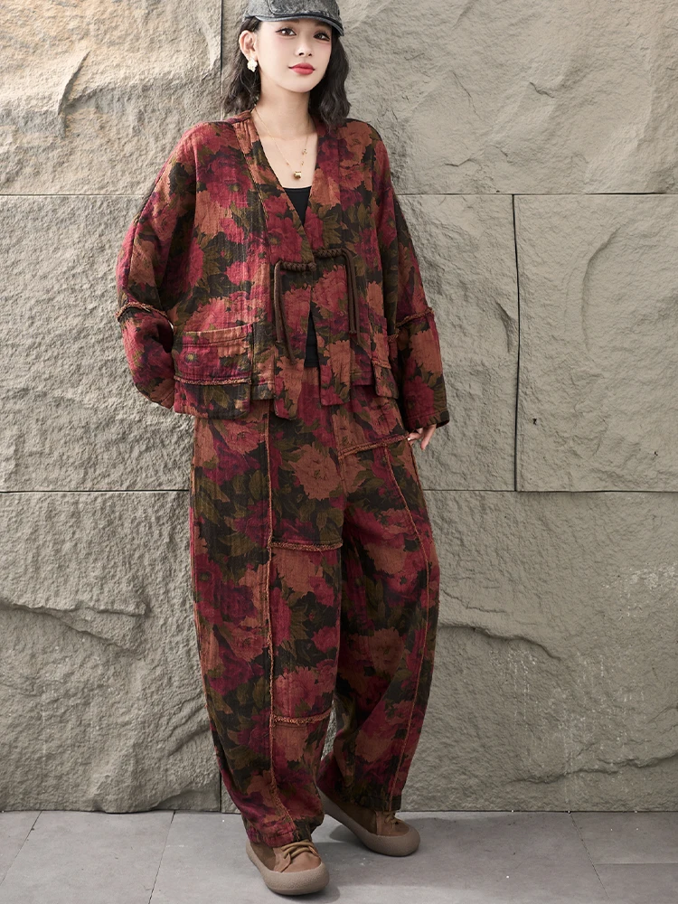 Amax LuluE 2026 Fall Chinese Women Vintage Printed Jacket Suits Casual Two Pieces Sets Classic Coats Loose Pants Fitness Outfits