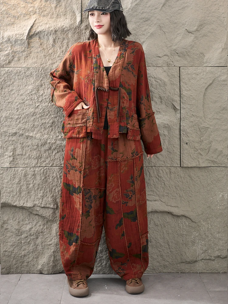 Amax LuluE 2026 Fall Chinese Women Vintage Printed Jacket Suits Casual Two Pieces Sets Classic Coats Loose Pants Fitness Outfits