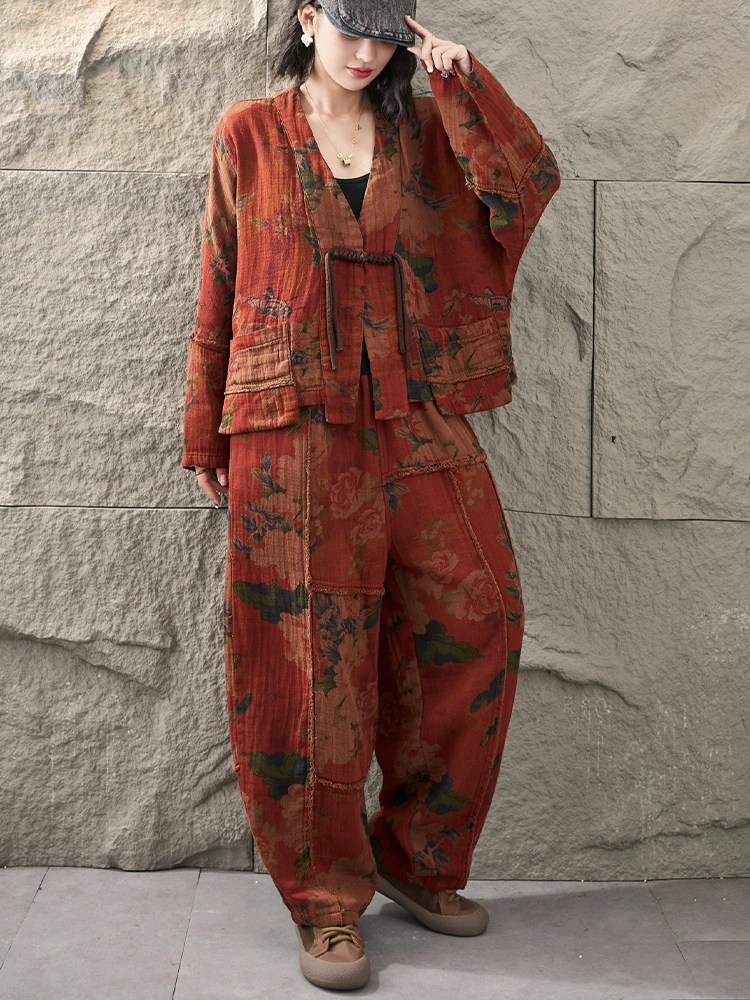 Amax LuluE 2026 Fall Chinese Women Vintage Printed Jacket Suits Casual Two Pieces Sets Classic Coats Loose Pants Fitness Outfits