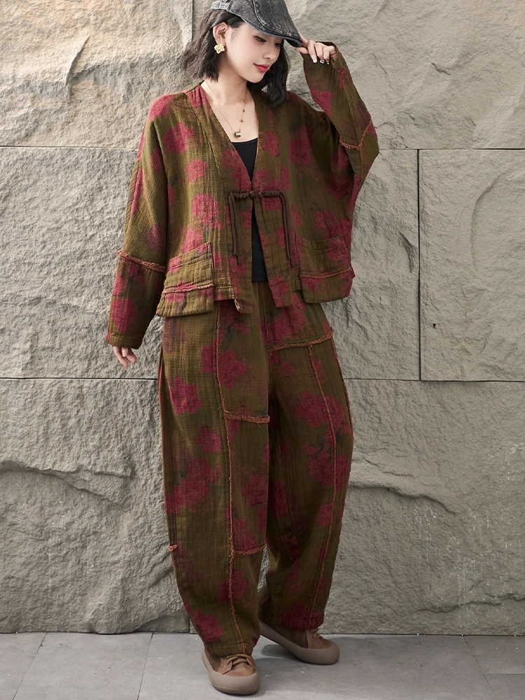 Amax LuluE 2026 Fall Chinese Women Vintage Printed Jacket Suits Casual Two Pieces Sets Classic Coats Loose Pants Fitness Outfits