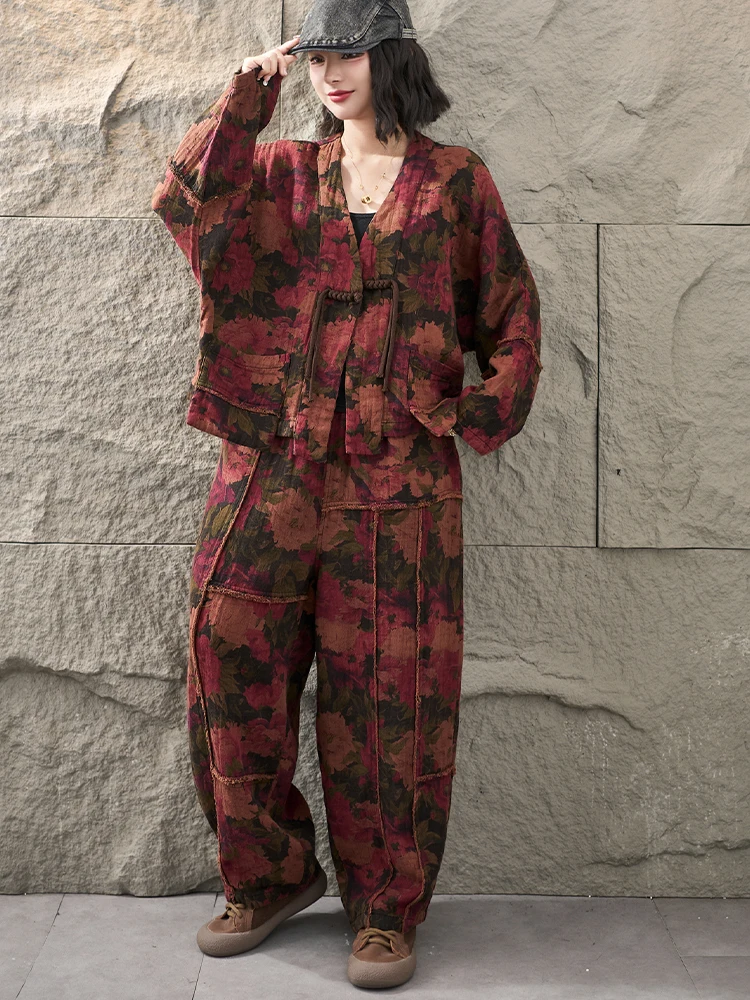 Amax LuluE 2026 Fall Chinese Women Vintage Printed Jacket Suits Casual Two Pieces Sets Classic Coats Loose Pants Fitness Outfits