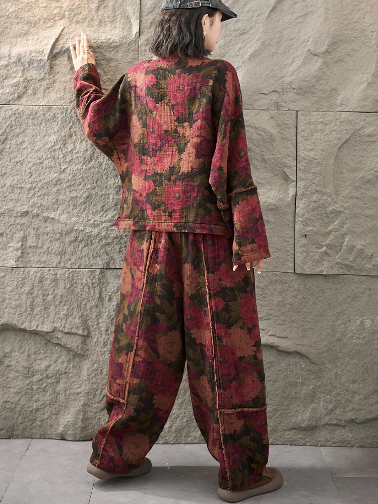 Amax LuluE 2026 Fall Chinese Women Vintage Printed Jacket Suits Casual Two Pieces Sets Classic Coats Loose Pants Fitness Outfits
