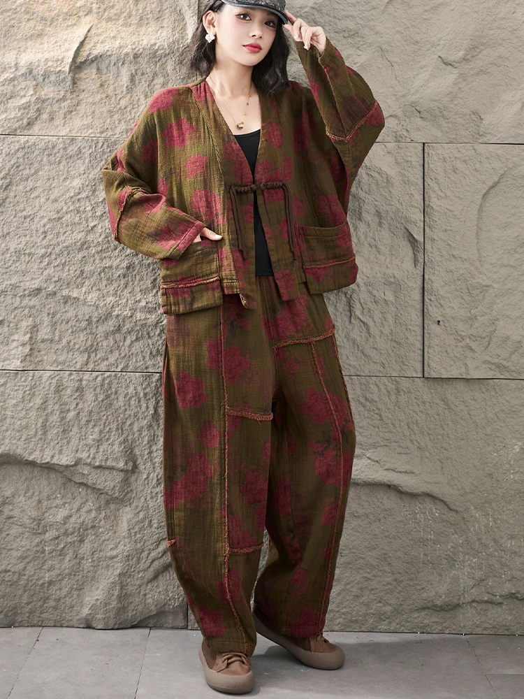 Amax LuluE 2026 Fall Chinese Women Vintage Printed Jacket Suits Casual Two Pieces Sets Classic Coats Loose Pants Fitness Outfits