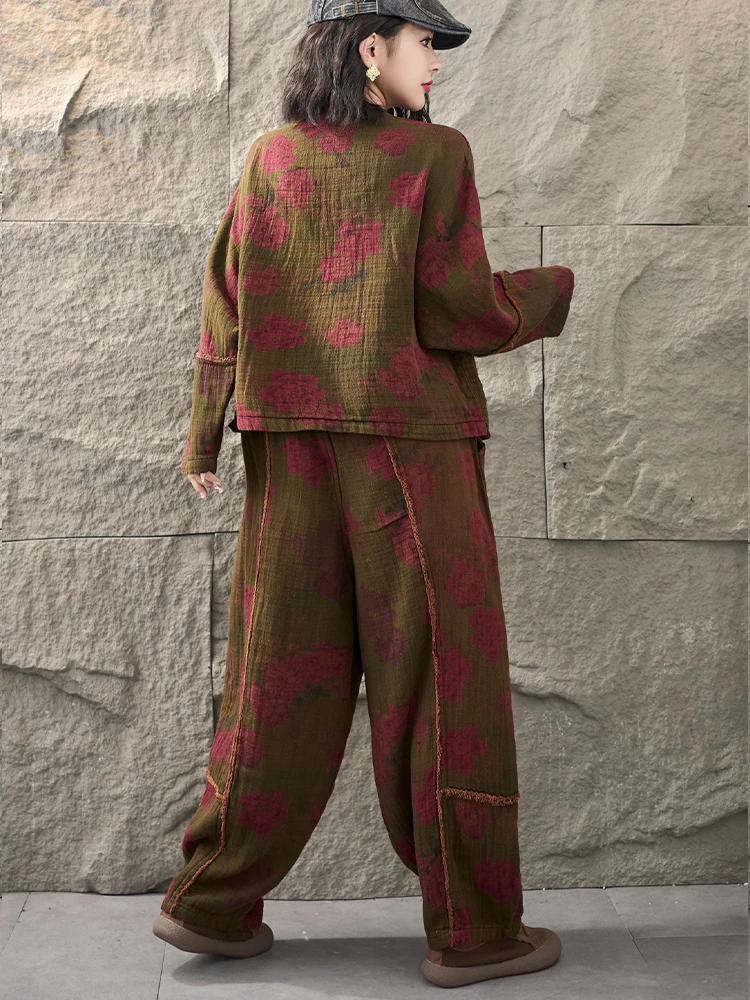Amax LuluE 2026 Fall Chinese Women Vintage Printed Jacket Suits Casual Two Pieces Sets Classic Coats Loose Pants Fitness Outfits
