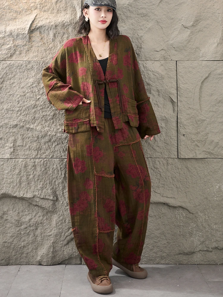 Amax LuluE 2026 Fall Chinese Women Vintage Printed Jacket Suits Casual Two Pieces Sets Classic Coats Loose Pants Fitness Outfits