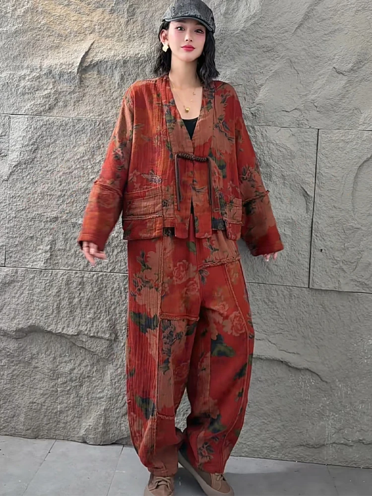 Amax LuluE 2026 Fall Chinese Women Vintage Printed Jacket Suits Casual Two Pieces Sets Classic Coats Loose Pants Fitness Outfits