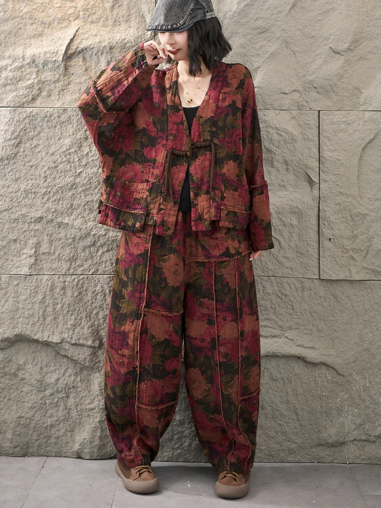 Amax LuluE 2026 Fall Chinese Women Vintage Printed Jacket Suits Casual Two Pieces Sets Classic Coats Loose Pants Fitness Outfits