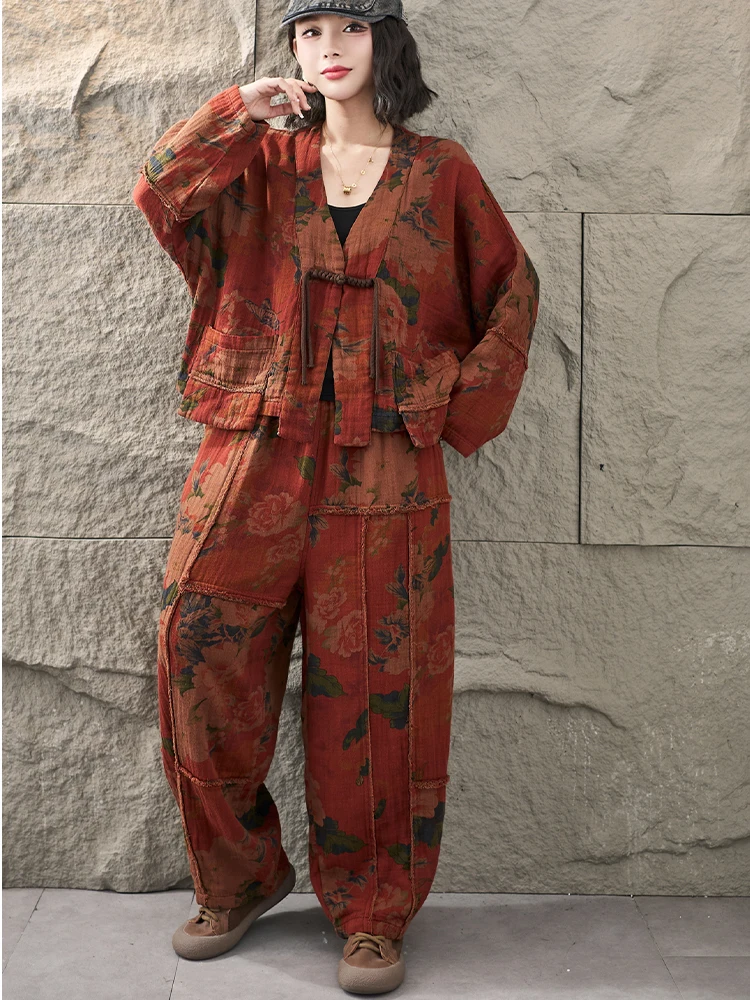 Amax LuluE 2026 Fall Chinese Women Vintage Printed Jacket Suits Casual Two Pieces Sets Classic Coats Loose Pants Fitness Outfits