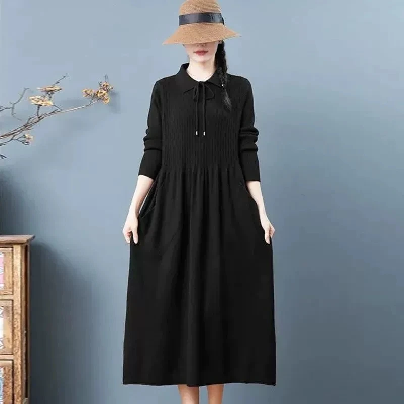 2026 Autumn Winter Women's Sweater Dress New Solid Color Doll Neck Long Sleeve Loose Knitted Sweater Bottom Long Dress Vestidos