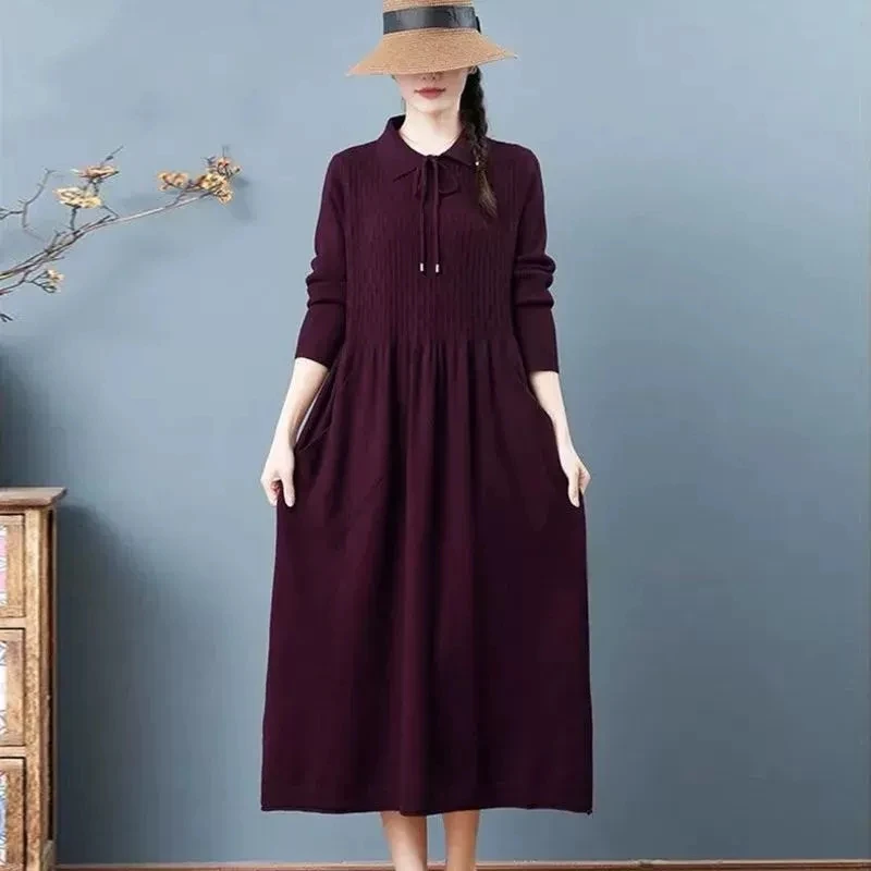2026 Autumn Winter Women's Sweater Dress New Solid Color Doll Neck Long Sleeve Loose Knitted Sweater Bottom Long Dress Vestidos