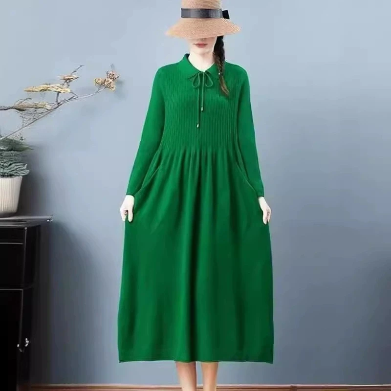 2026 Autumn Winter Women's Sweater Dress New Solid Color Doll Neck Long Sleeve Loose Knitted Sweater Bottom Long Dress Vestidos