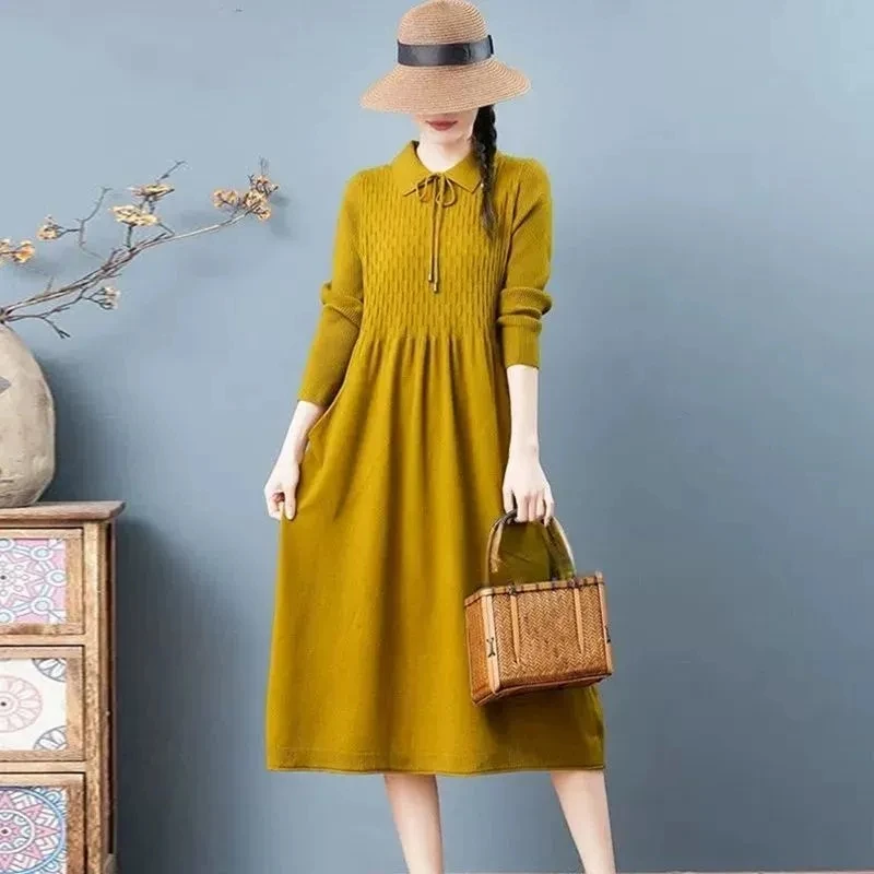 2026 Autumn Winter Women's Sweater Dress New Solid Color Doll Neck Long Sleeve Loose Knitted Sweater Bottom Long Dress Vestidos