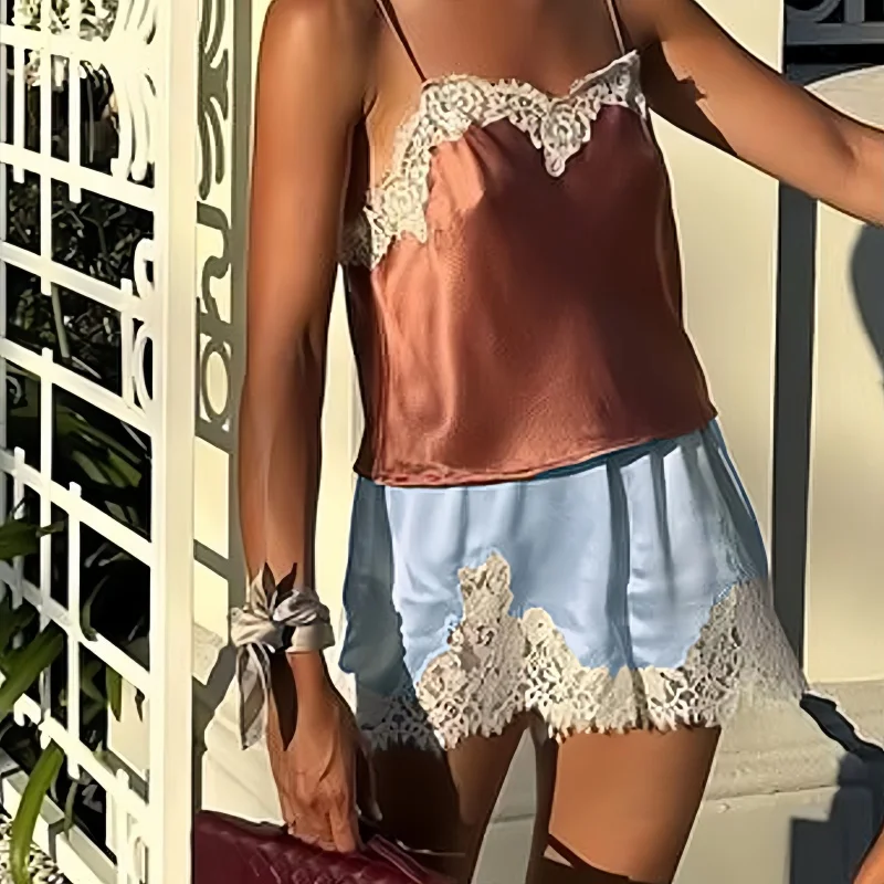 Y2k Women Satin Boxer Pajama Shorts Elastic Waist Lace Trim Sleep Shorts Silk Cheeky Lounge Sleeping Pj Undershorts
