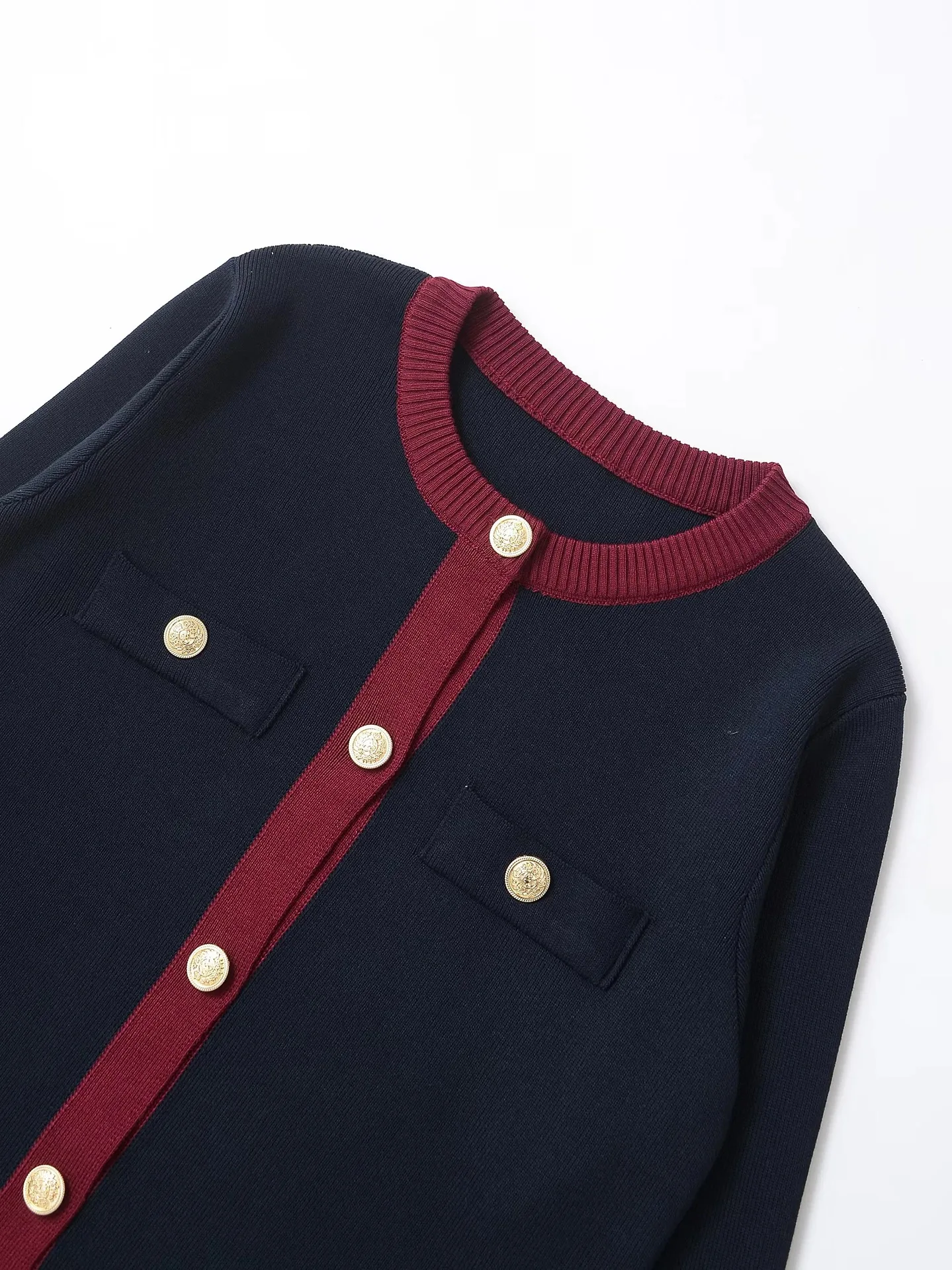 Fashion Contrast Elegant Cardigan Coat For Women Pocket Patchwork Ribbed Knitwear Sweater Top Female Loose Knit Cardigan