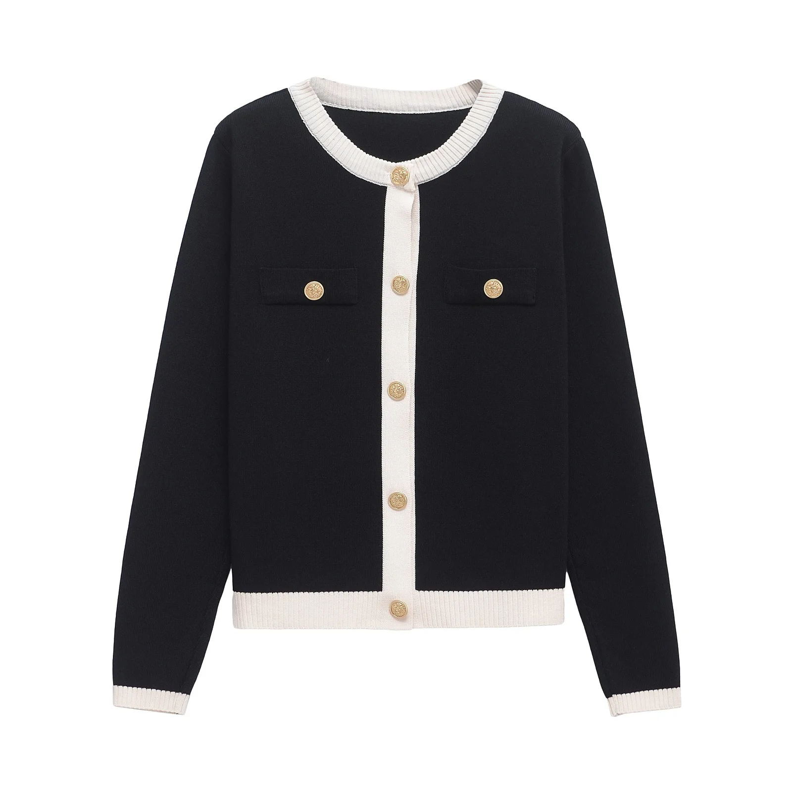 Fashion Contrast Elegant Cardigan Coat For Women Pocket Patchwork Ribbed Knitwear Sweater Top Female Loose Knit Cardigan