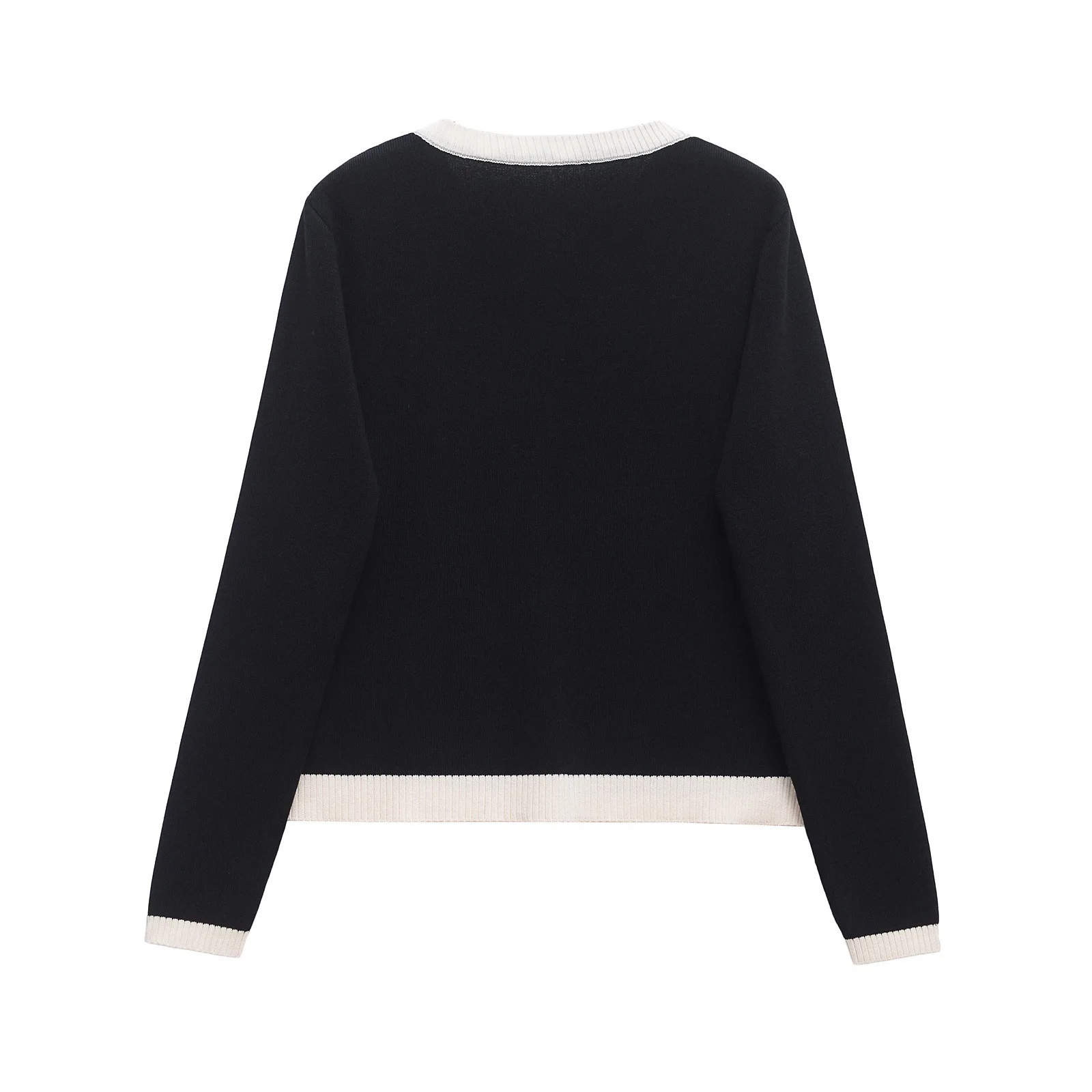 Fashion Contrast Elegant Cardigan Coat For Women Pocket Patchwork Ribbed Knitwear Sweater Top Female Loose Knit Cardigan