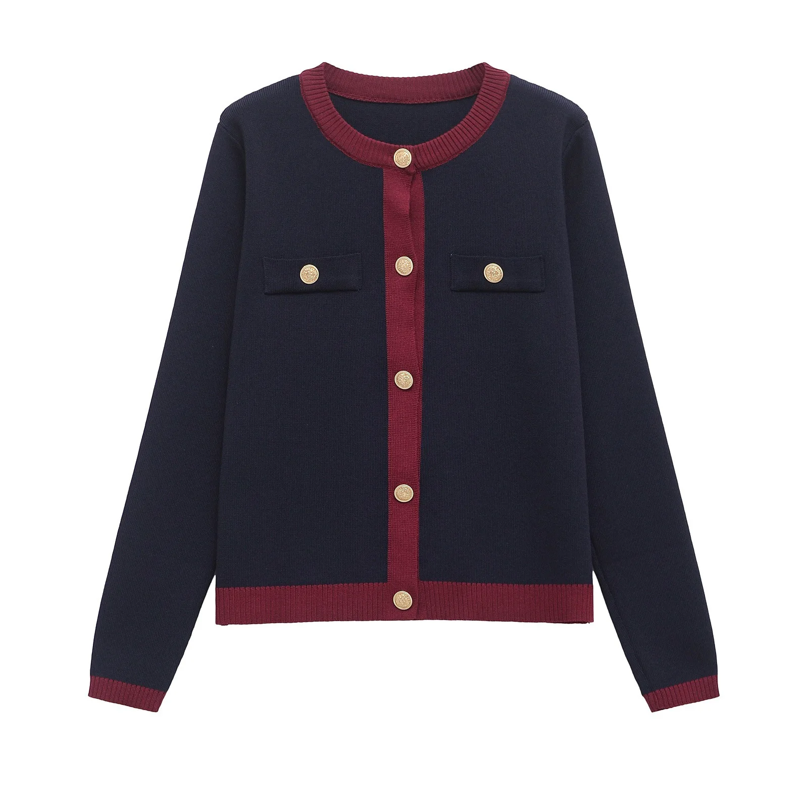 Fashion Contrast Elegant Cardigan Coat For Women Pocket Patchwork Ribbed Knitwear Sweater Top Female Loose Knit Cardigan