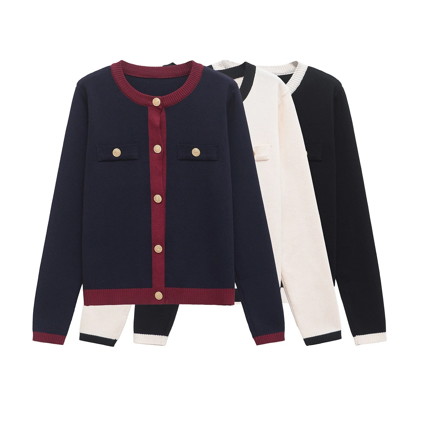 Fashion Contrast Elegant Cardigan Coat For Women Pocket Patchwork Ribbed Knitwear Sweater Top Female Loose Knit Cardigan