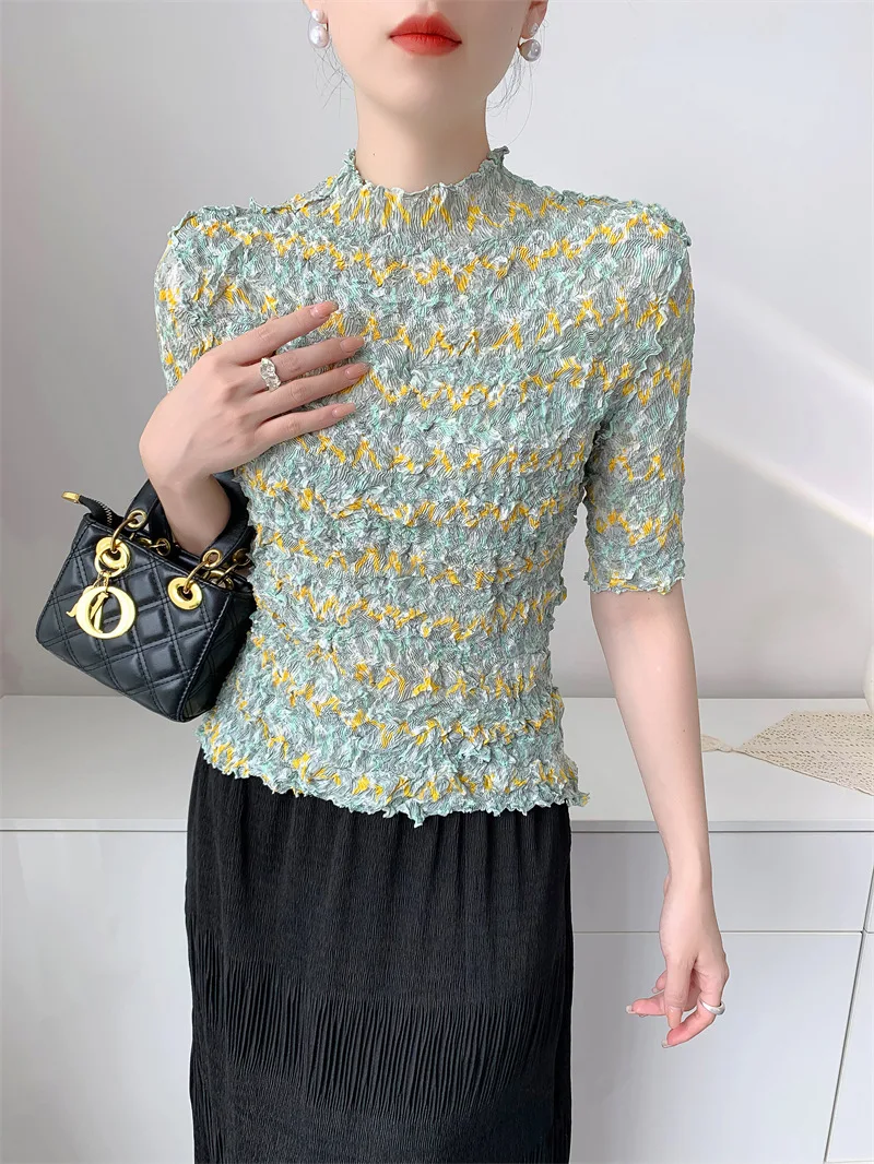Miyake Pleated Tie Dye Printed T-shirt Fashionable Semi High Neck Temperament Top 2025 Summer New High Stretch Shirt