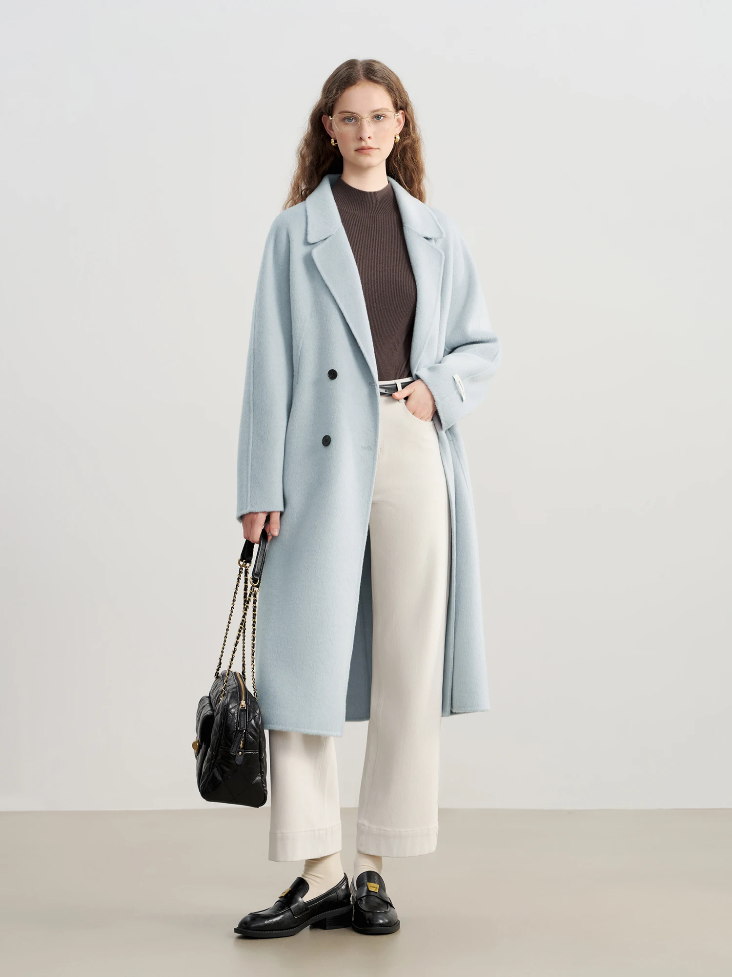 ZIQIAO 2025 Winter Women's Petite Navy Blue Double-Faced Wool Blend Coat with Raglan Sleeve Short Tweed Overcoat for Petite Size