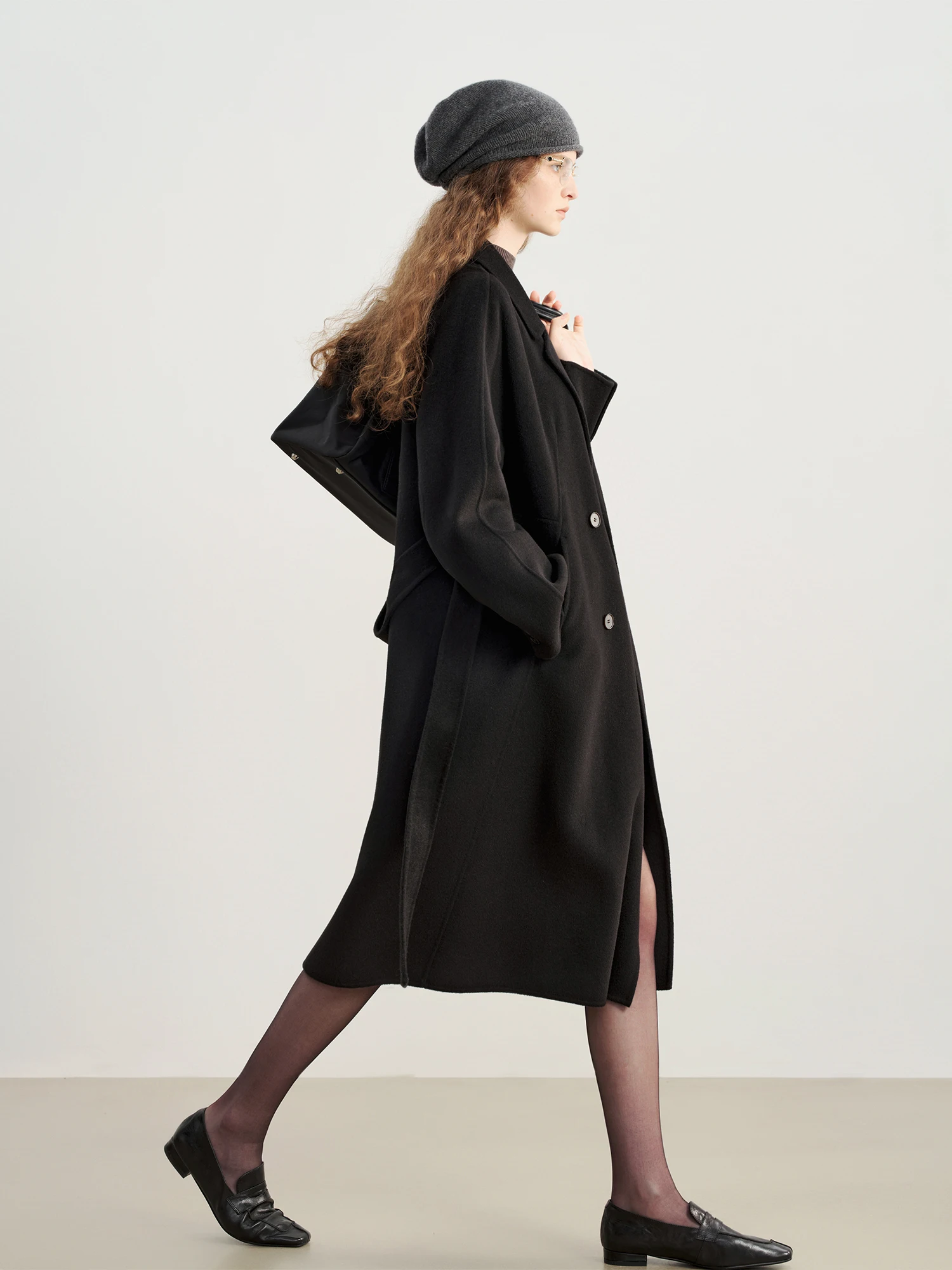 ZIQIAO 2025 Winter Women's Petite Navy Blue Double-Faced Wool Blend Coat with Raglan Sleeve Short Tweed Overcoat for Petite Size