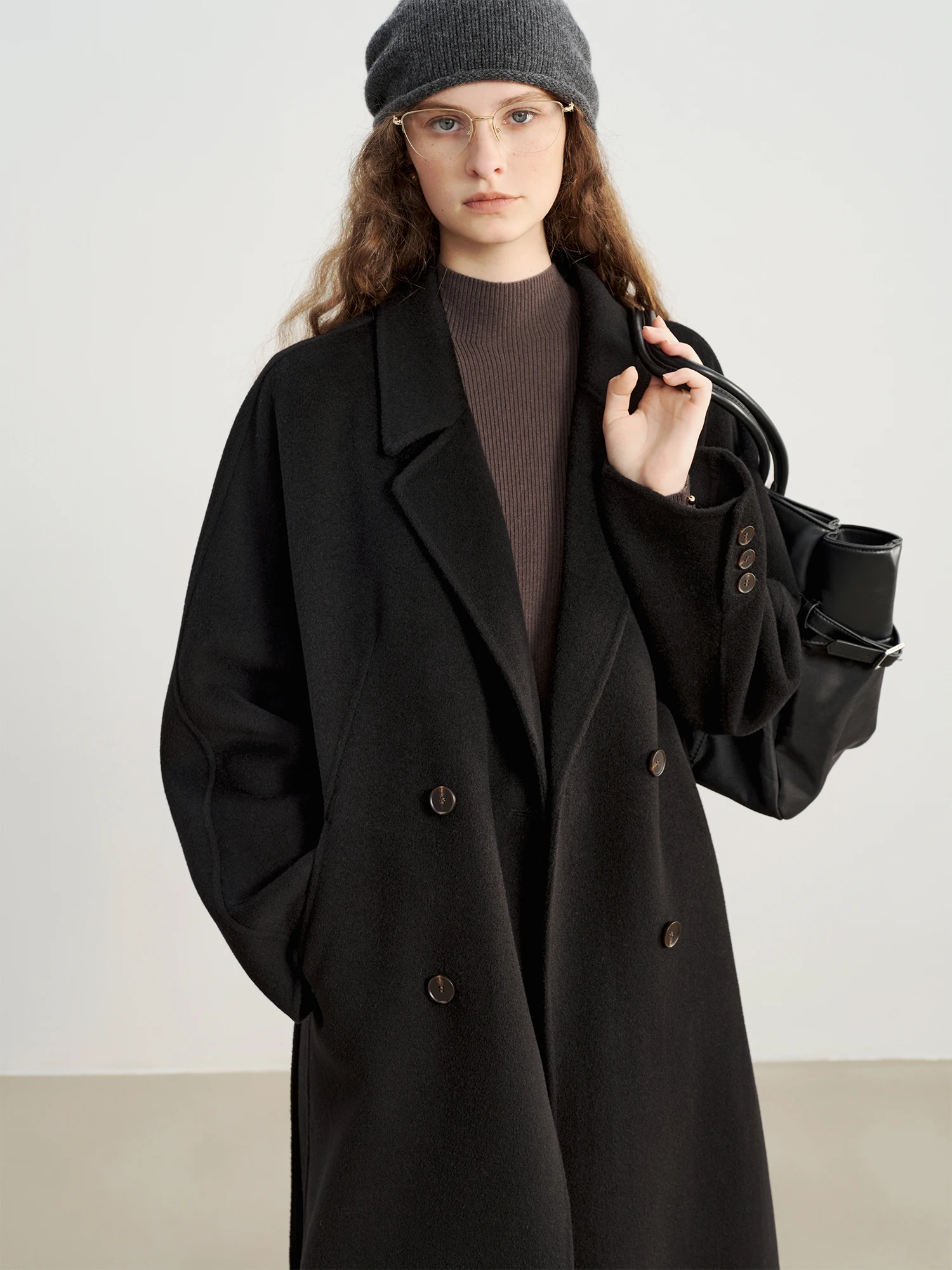 ZIQIAO 2025 Winter Women's Petite Navy Blue Double-Faced Wool Blend Coat with Raglan Sleeve Short Tweed Overcoat for Petite Size