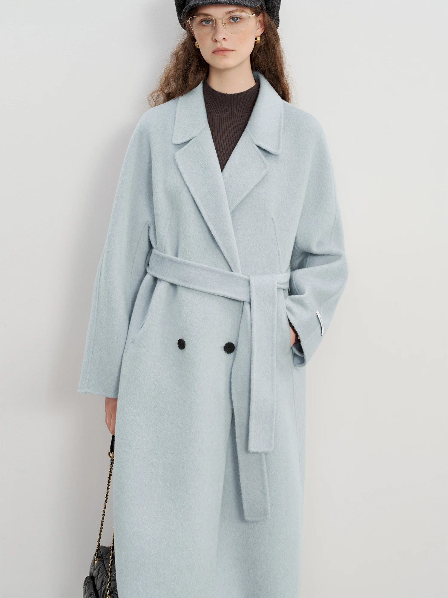 ZIQIAO 2025 Winter Women's Petite Navy Blue Double-Faced Wool Blend Coat with Raglan Sleeve Short Tweed Overcoat for Petite Size