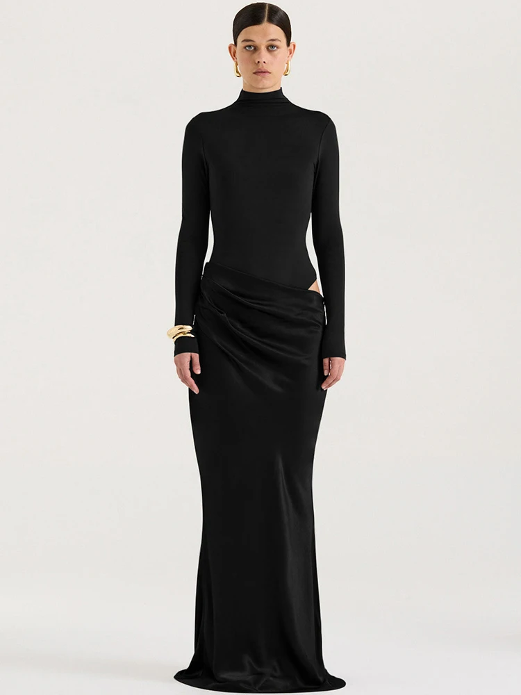 JULISSA MO Turtleneck Satin Sexy Hollow Out Zipper Women Maxi Dress Black Patchwork Long Sleeve Slim Elegant Party Evening Dress