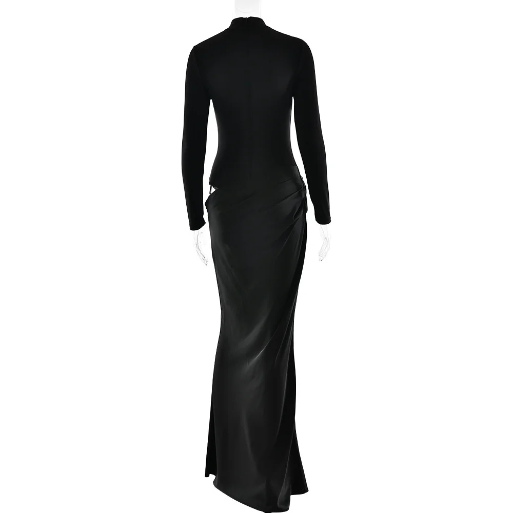 JULISSA MO Turtleneck Satin Sexy Hollow Out Zipper Women Maxi Dress Black Patchwork Long Sleeve Slim Elegant Party Evening Dress