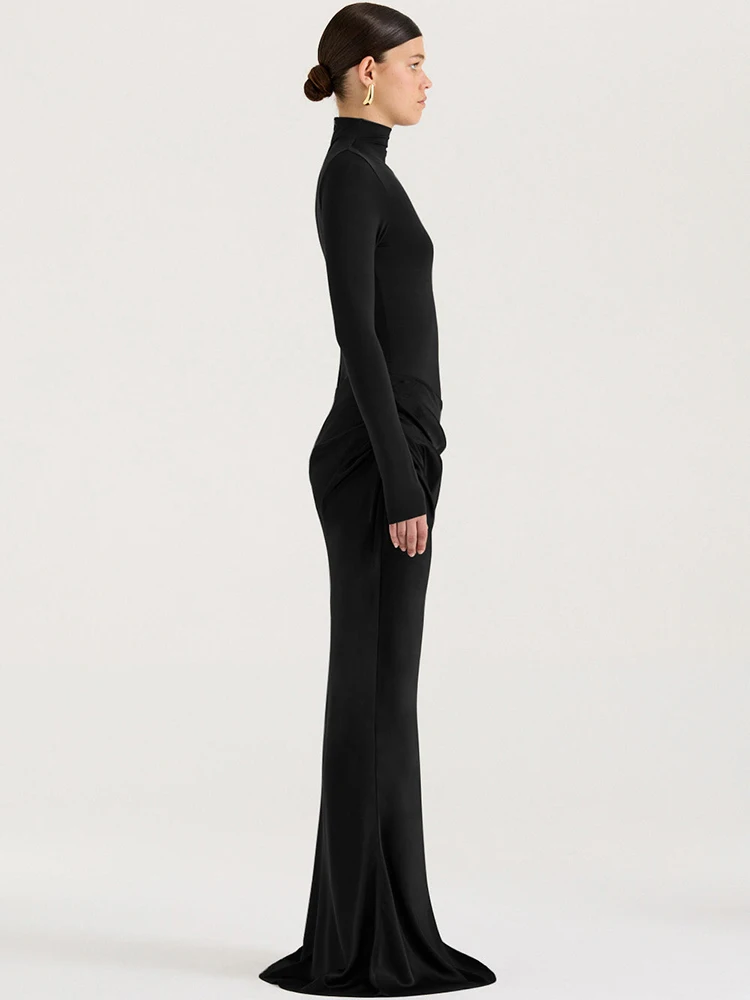 JULISSA MO Turtleneck Satin Sexy Hollow Out Zipper Women Maxi Dress Black Patchwork Long Sleeve Slim Elegant Party Evening Dress