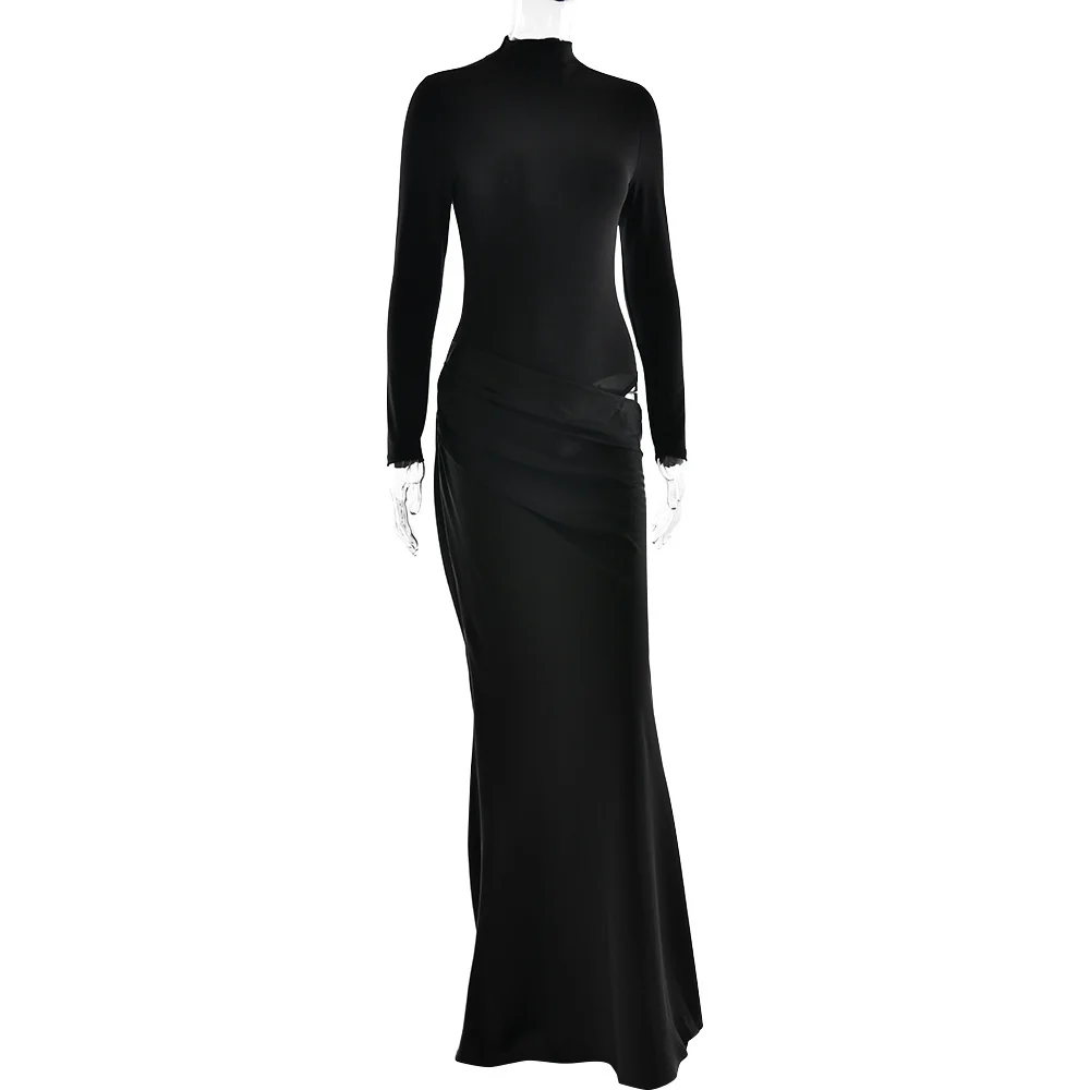 JULISSA MO Turtleneck Satin Sexy Hollow Out Zipper Women Maxi Dress Black Patchwork Long Sleeve Slim Elegant Party Evening Dress