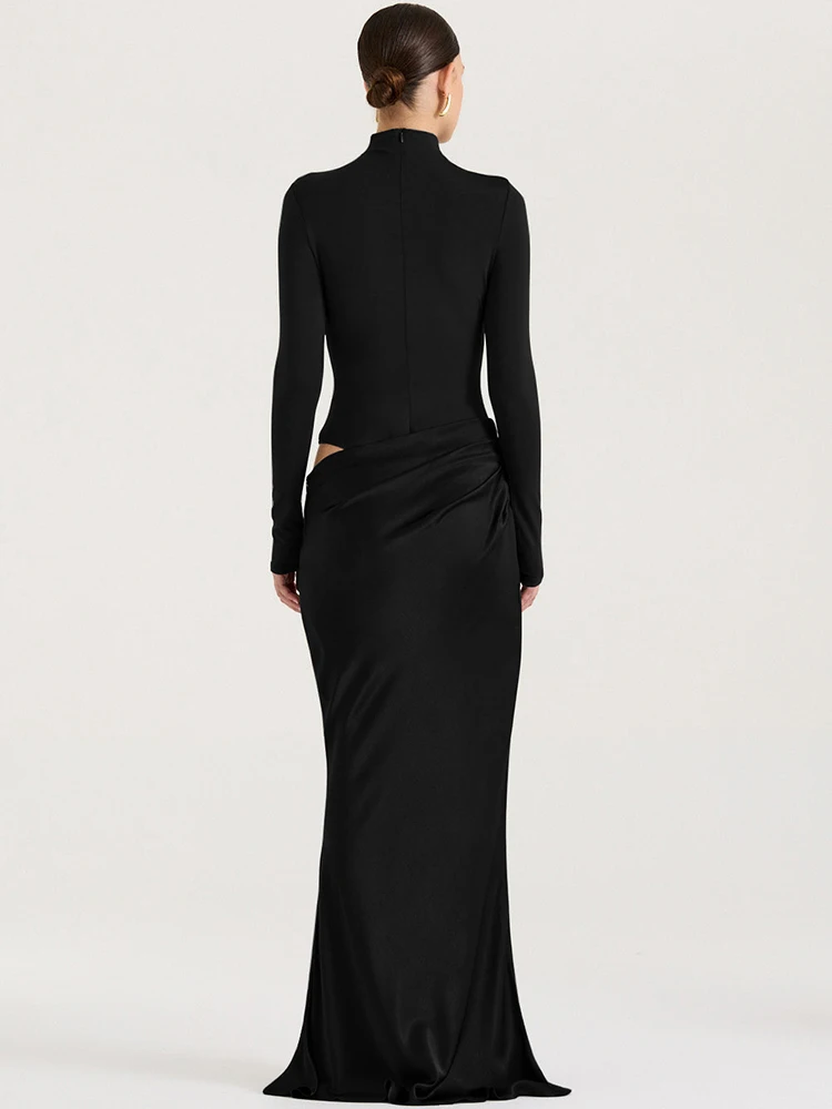 JULISSA MO Turtleneck Satin Sexy Hollow Out Zipper Women Maxi Dress Black Patchwork Long Sleeve Slim Elegant Party Evening Dress
