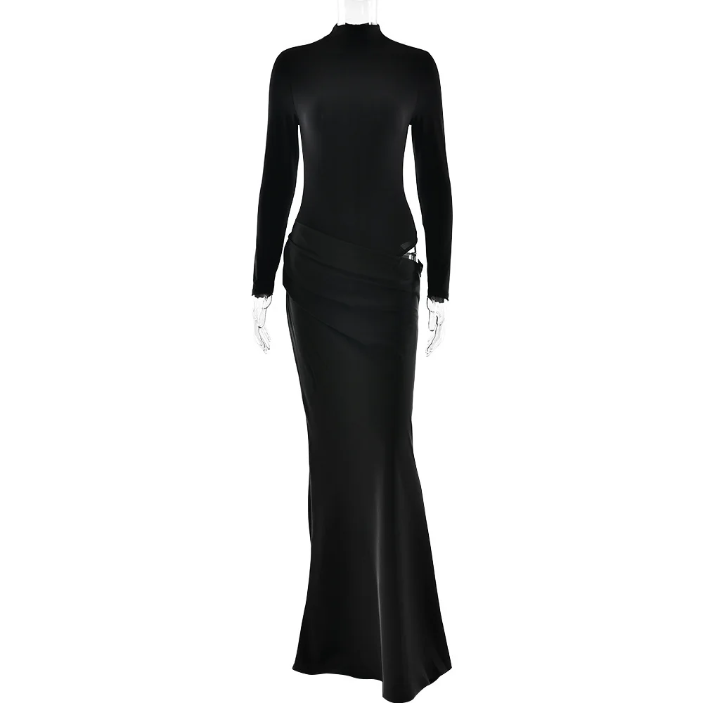 JULISSA MO Turtleneck Satin Sexy Hollow Out Zipper Women Maxi Dress Black Patchwork Long Sleeve Slim Elegant Party Evening Dress