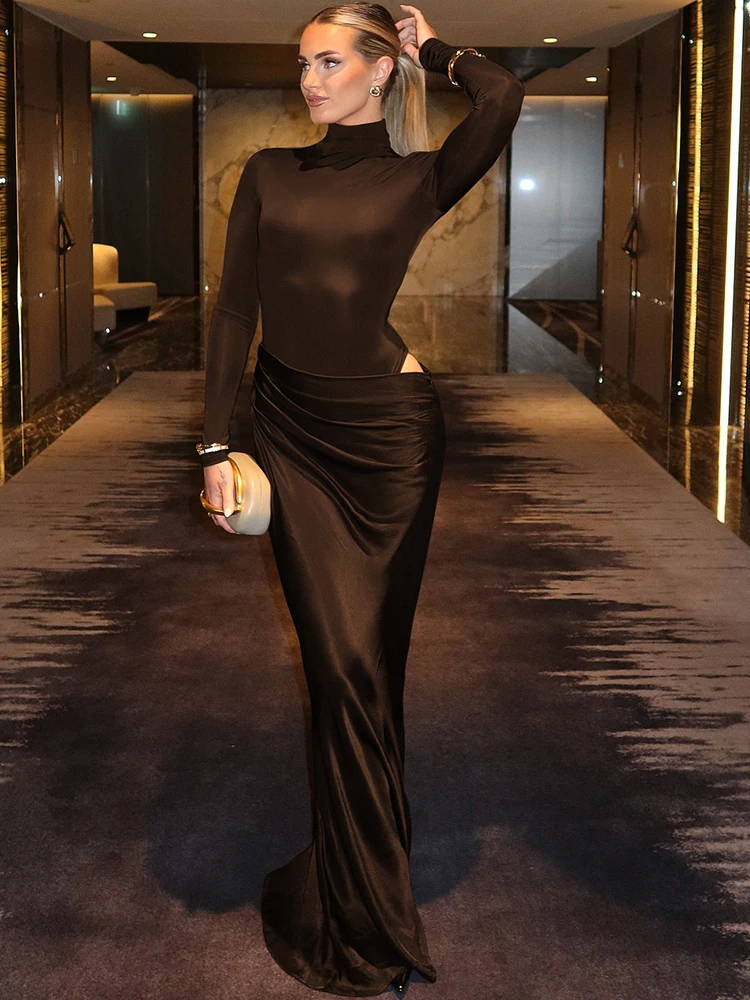 JULISSA MO Turtleneck Satin Sexy Hollow Out Zipper Women Maxi Dress Black Patchwork Long Sleeve Slim Elegant Party Evening Dress