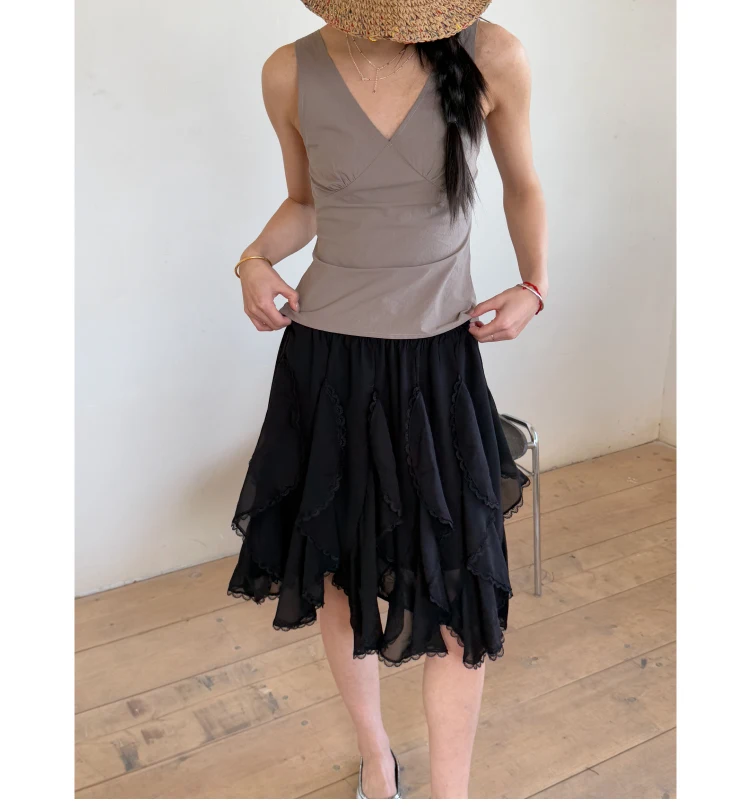Kawaii Black Mini Skirts Women Summer 2025 Japanese Y2k Beach Ruched Skirts Vintage Clothes Lace Chiffon Skirts Cute Clothes