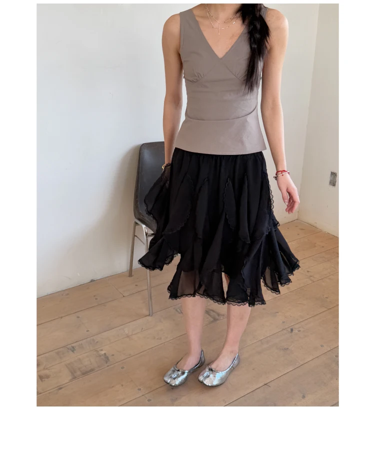Kawaii Black Mini Skirts Women Summer 2025 Japanese Y2k Beach Ruched Skirts Vintage Clothes Lace Chiffon Skirts Cute Clothes