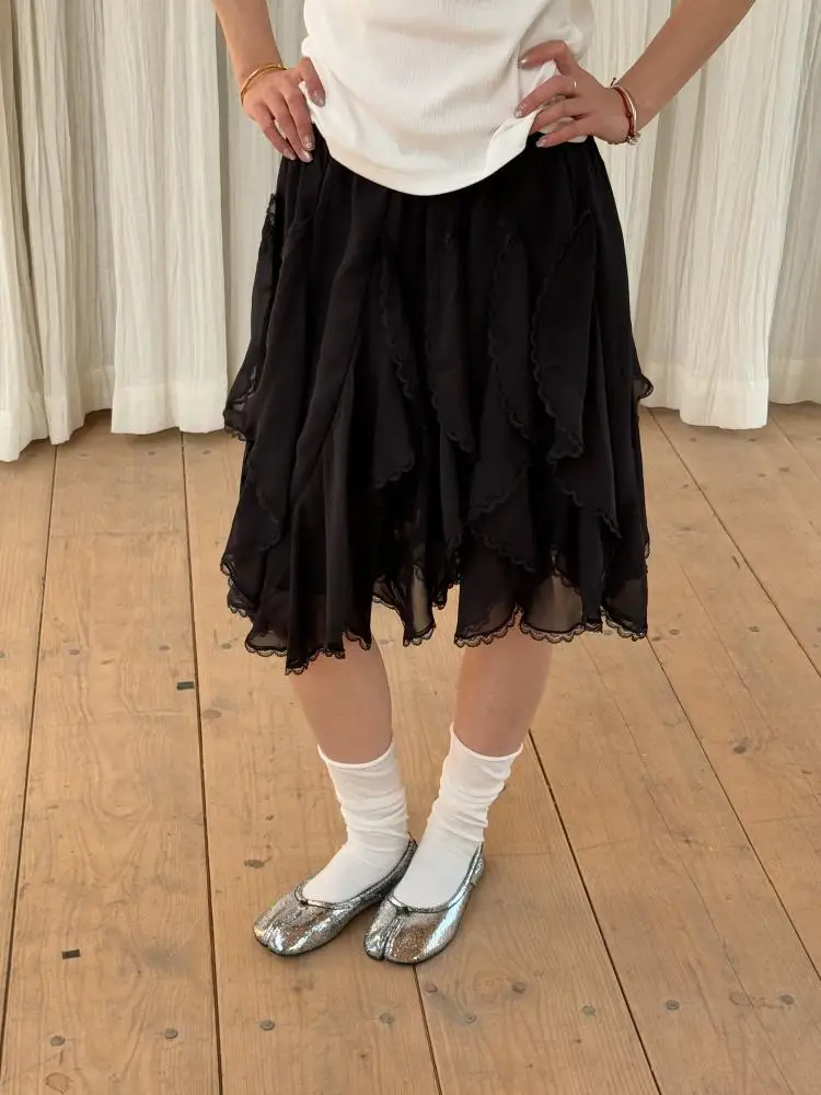 Kawaii Black Mini Skirts Women Summer 2025 Japanese Y2k Beach Ruched Skirts Vintage Clothes Lace Chiffon Skirts Cute Clothes