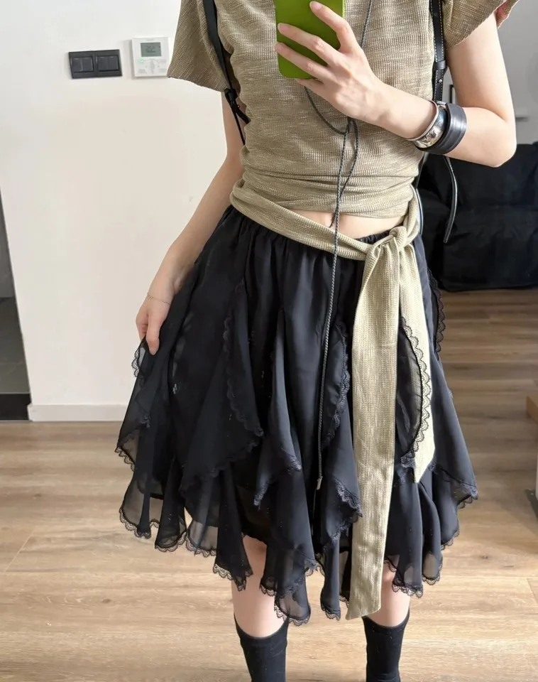 Kawaii Black Mini Skirts Women Summer 2025 Japanese Y2k Beach Ruched Skirts Vintage Clothes Lace Chiffon Skirts Cute Clothes