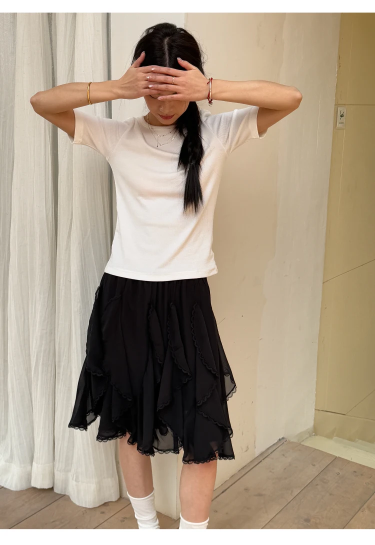 Kawaii Black Mini Skirts Women Summer 2025 Japanese Y2k Beach Ruched Skirts Vintage Clothes Lace Chiffon Skirts Cute Clothes