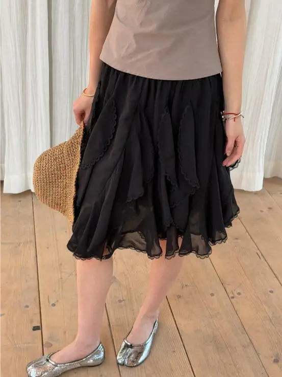 Kawaii Black Mini Skirts Women Summer 2025 Japanese Y2k Beach Ruched Skirts Vintage Clothes Lace Chiffon Skirts Cute Clothes